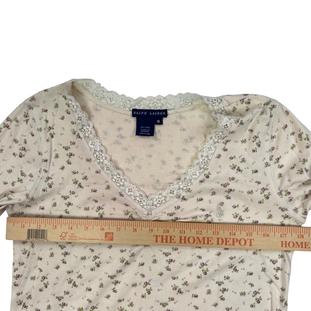 Ralph Lauren Floral Lace Trim Nightgown Cream Pink Floral Medium 3/4 Sleeve - Picture 7 of 7